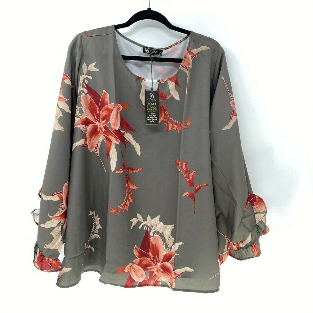 DG2 Diane Gilman Womens 2X Floral Blouse Sage Green Ruffle Sleeve NWT